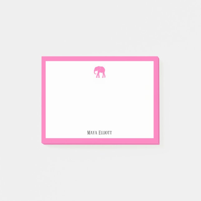 Bright Pink Elephant and Border on White with Name Post-it Notes (Front)