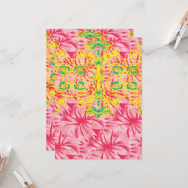 Bright pink fabric featuring vibrant floral patter invitation (Front/Back In Situ)