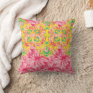 Bright pink fabric featuring vibrant floral patter throw pillow
