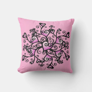 Bright Pink Fancy Hearts in cluster Black Scrolls Outdoor Pillow
