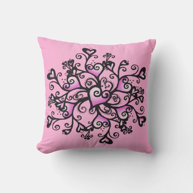 Bright Pink Fancy Hearts in cluster Black Scrolls Outdoor Pillow (Front)