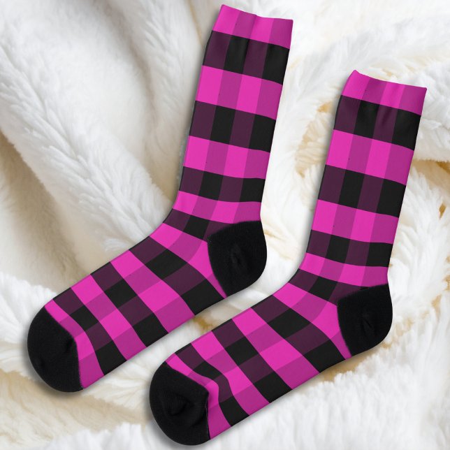 Bright Pink Festive Buffalo Check Plaid Patterned Socks (Vibrant bright pink and black buffalo plaid socks - an ideal Christmas gift in rustic country style)