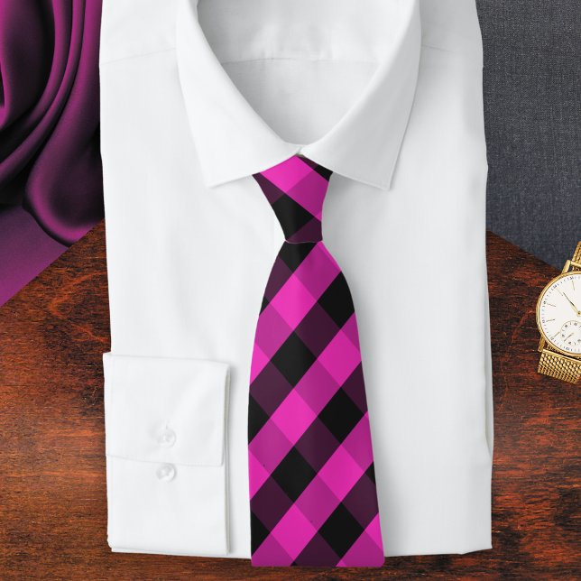 Bright Pink Festive Buffalo Check Plaid Patterned Tie (A vibrant pink and black tie with a buffalo plaid pattern)