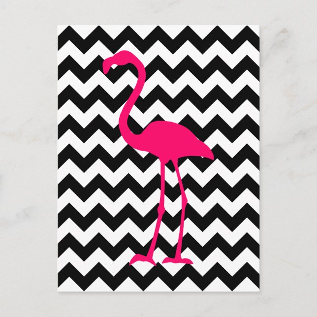 Bright Pink Flamingo Black and White Zigzag Postcard (Front)