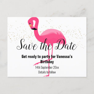 BRIGHT PINK FLAMINGO Save the Date white Announcement Postcard