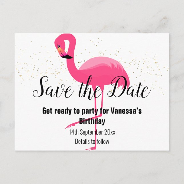 BRIGHT PINK FLAMINGO Save the Date white Announcement Postcard (Front)