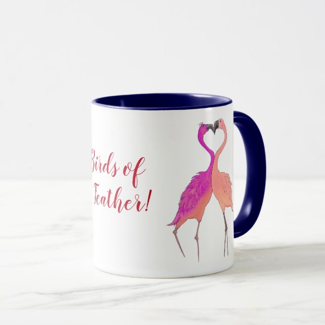 Bright Pink Flamingos in Love Birds of a Feather Mug (Front Right)