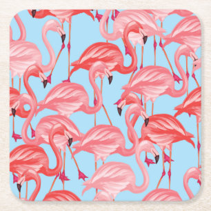 Bright Pink Flamingos On Blue 2 Square Paper Coaster