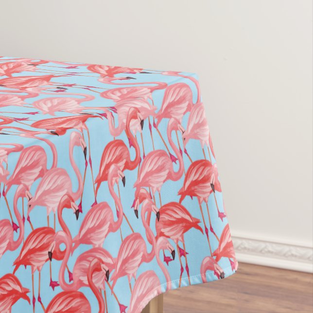 Bright Pink Flamingos On Blue 2 Tablecloth (In Situ)