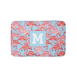 Bright Pink Flamingos On Blue Add Your Initial Bath Mat