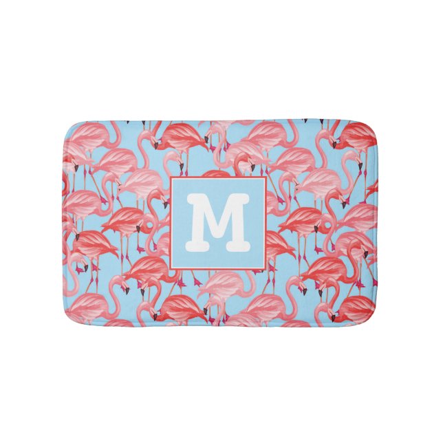 Bright Pink Flamingos On Blue | Add Your Initial Bath Mat (Front)