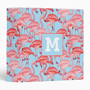 Bright Pink Flamingos On Blue Add Your Initial Binder