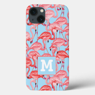Bright Pink Flamingos On Blue   Add Your Initial iPhone 13 Case