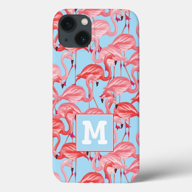 Bright Pink Flamingos On Blue | Add Your Initial Case-Mate iPhone Case (Back)