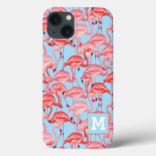 Bright Pink Flamingos On Blue Add Your Initial iPhone 13 Case