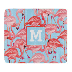 Bright Pink Flamingos On Blue Add Your Initial Cutting Board