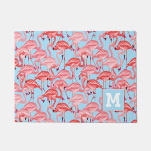 Bright Pink Flamingos On Blue   Add Your Initial Doormat