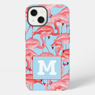 Bright Pink Flamingos On Blue Add Your Initial iPhone 13 Case
