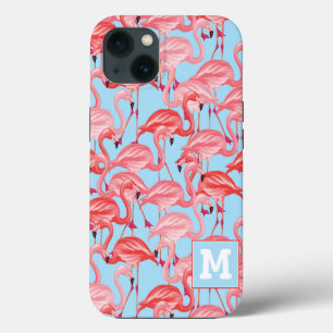 Bright Pink Flamingos On Blue Add Your Initial iPhone 13 Case