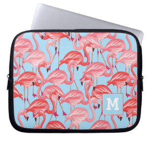 Bright Pink Flamingos On Blue Add Your Initial Laptop Sleeve