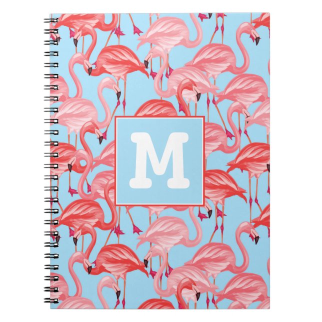 Bright Pink Flamingos On Blue | Add Your Initial Notebook (Front)