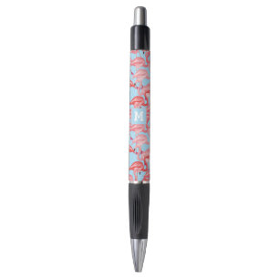 Bright Pink Flamingos On Blue Add Your Initial Pen