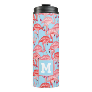 Bright Pink Flamingos On Blue   Add Your Initial Thermal Tumbler