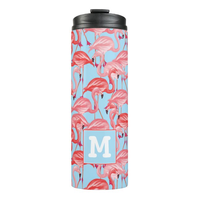 Bright Pink Flamingos On Blue | Add Your Initial Thermal Tumbler (Front)