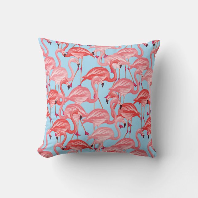 Bright Pink Flamingos On Blue | Add Your Initial Throw Pillow (Front)