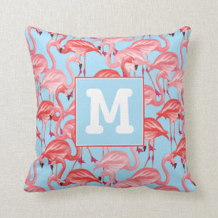 Bright Pink Flamingos On Blue   Add Your Initial Throw Pillow