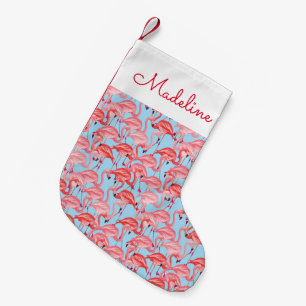 Bright Pink Flamingos On Blue   Add Your Name Small Christmas Stocking