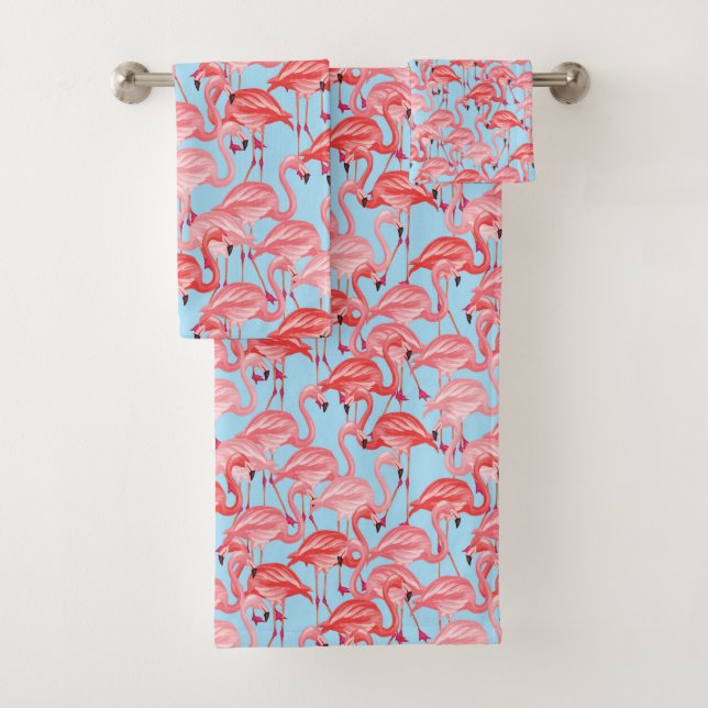 Bright Pink Flamingos On Blue Bath Towel Set (Insitu)