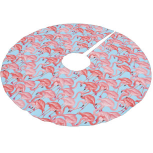 Bright Pink Flamingos On Blue Brushed Polyester Tree Skirt