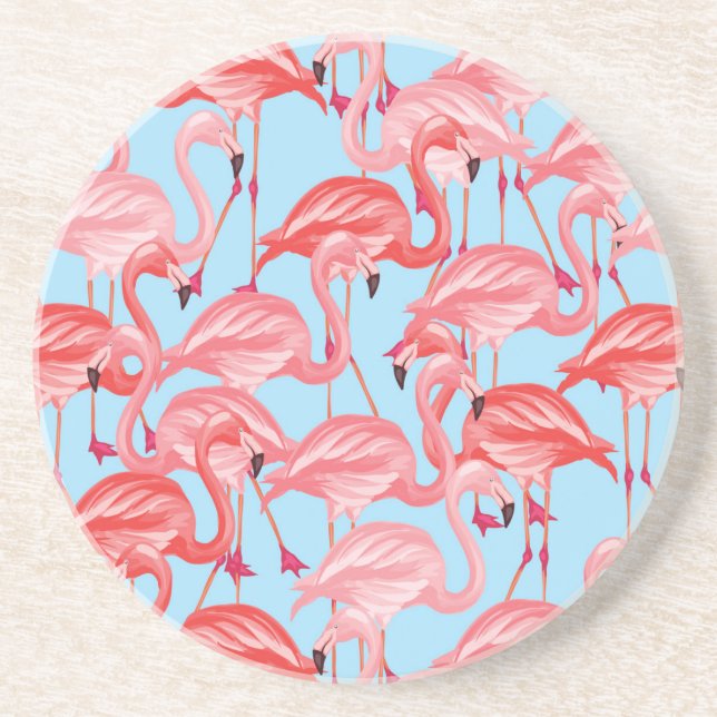 Bright Pink Flamingos On Blue Coaster (Front)