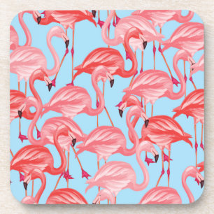 Bright Pink Flamingos On Blue Coaster