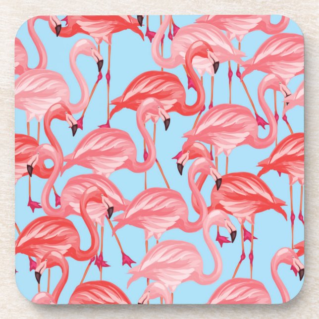Bright Pink Flamingos On Blue Coaster (Front)