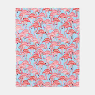 Bright Pink Flamingos On Blue Fleece Blanket