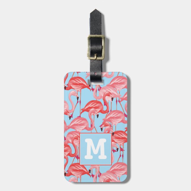 Bright Pink Flamingos On Blue | Monogram Luggage Tag (Front Vertical)