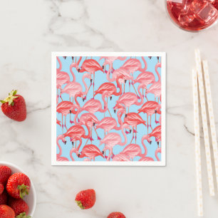 Bright Pink Flamingos On Blue Napkin
