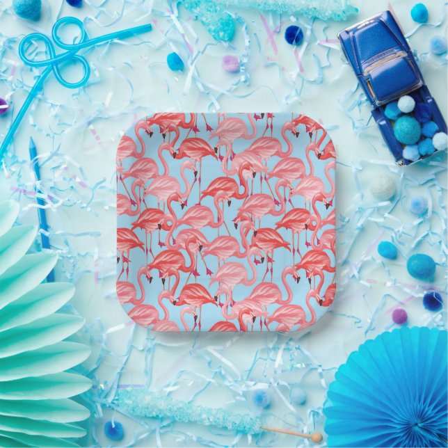 Bright Pink Flamingos On Blue Paper Plate (Party)