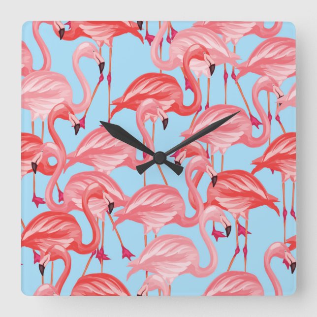 Bright Pink Flamingos On Blue Square Wall Clock (Front)