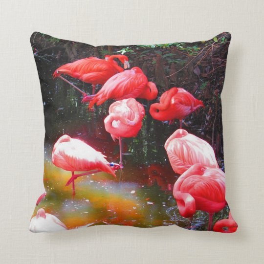 BRIGHT PINK FLAMINGOS, Stylized Photo Print Throw Pillow
