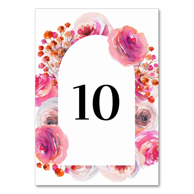 Bright Pink Floral Arch Table Number Card (Front)