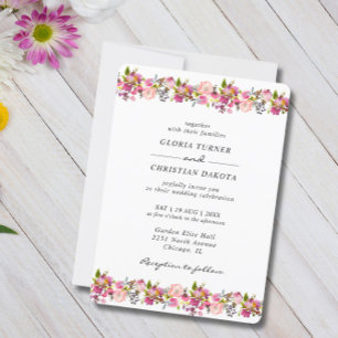Bright Pink Floral Border Wedding Rounded Edges Invitation