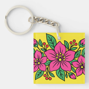 Bright Pink Floral Botanical Illustration Keychain