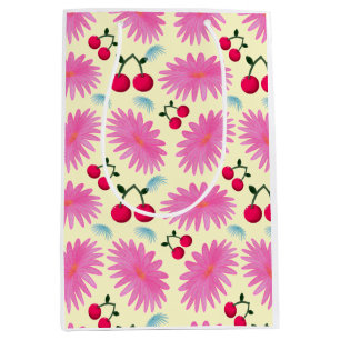 Bright Pink Floral Cherry Pattern Cute Kawaii Medium Gift Bag