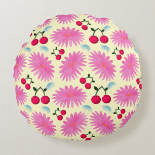 Bright Pink Floral Cherry Pattern   Cute Kawaii  Round Pillow