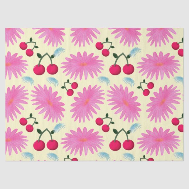 Bright Pink Floral Cherry Pattern | Cute Kawaii  Tissue Paper (Front)