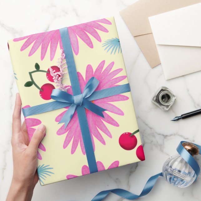 Bright Pink Floral Cherry Pattern | Cute Kawaii  Wrapping Paper (Gifting)
