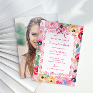 Bright Pink Floral Grad Party   Photo and Bow Invitation
